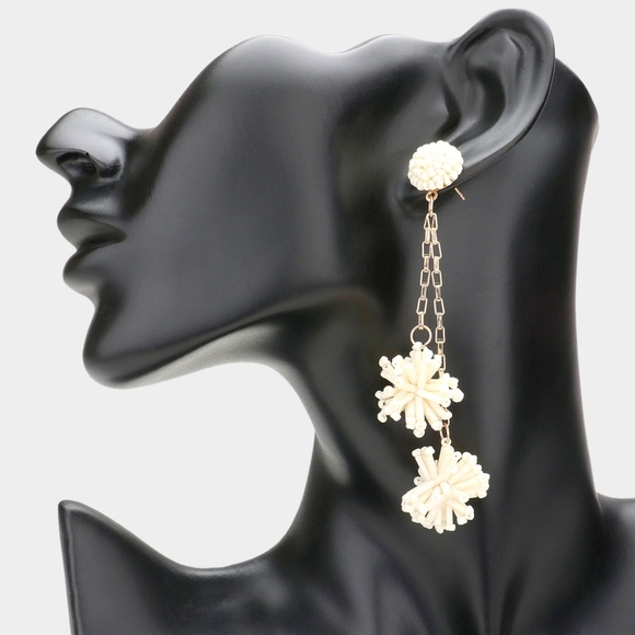 White Ivory Double Beaded Balls Dangle Earrings Jewelry Fashion Accessories - Picture 1 of 2
